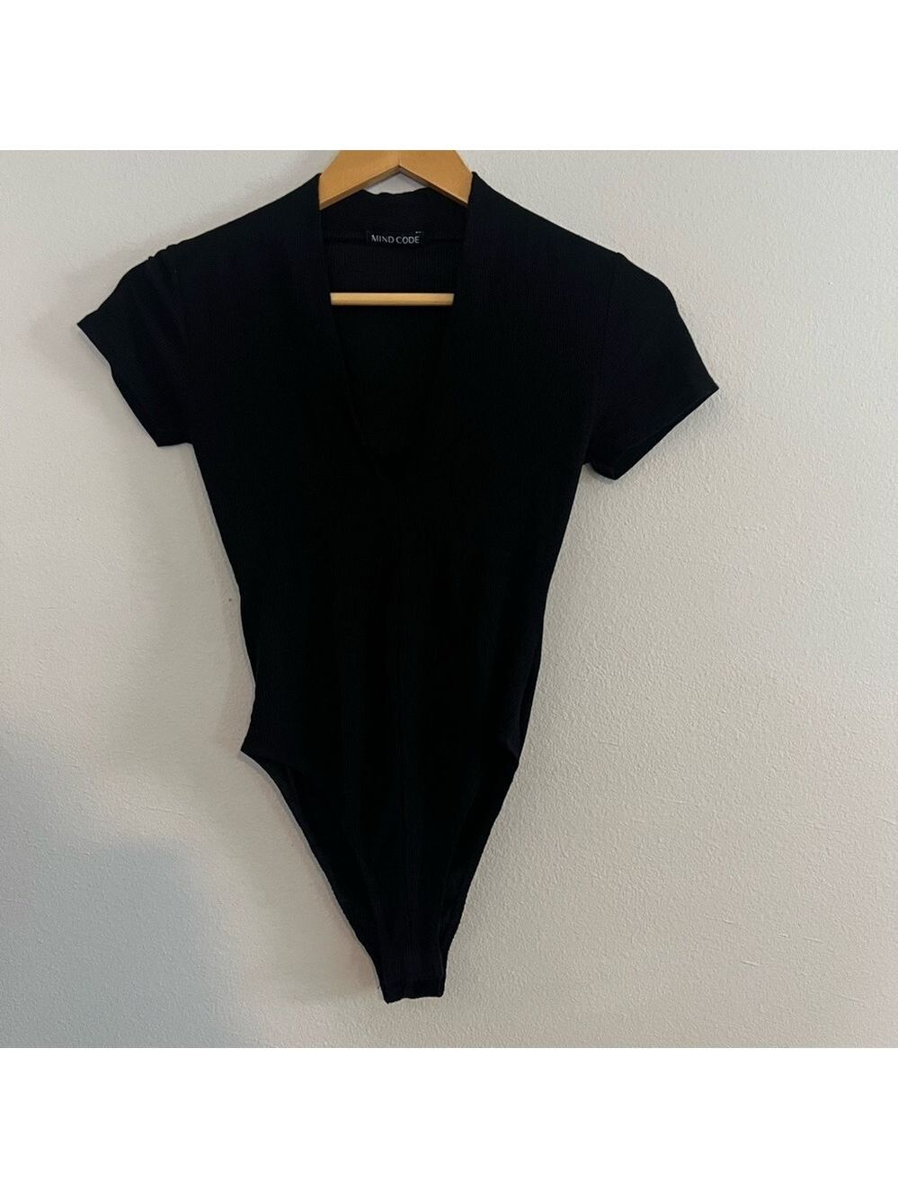 Mind Code Black Ribbed V Neck Bodysuit